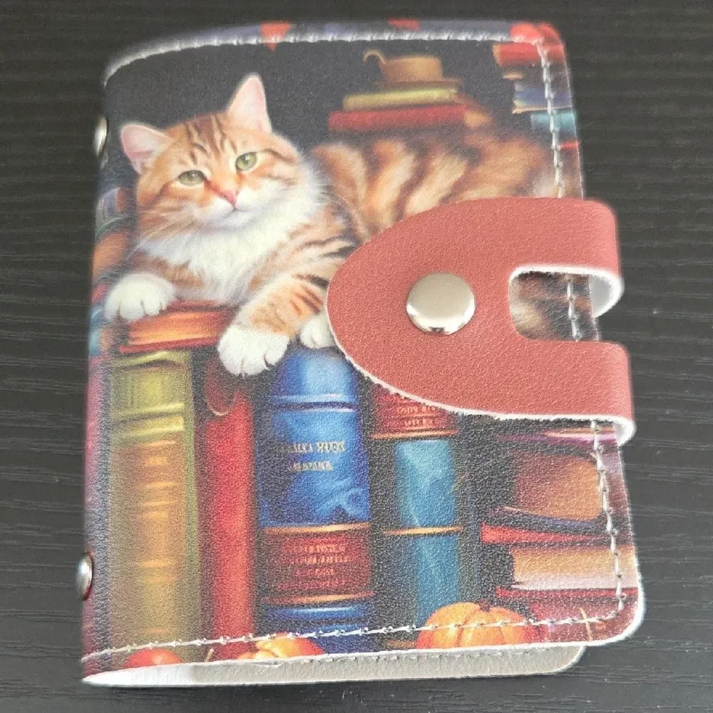 Cat-Themed Credit Card Case with Books Design